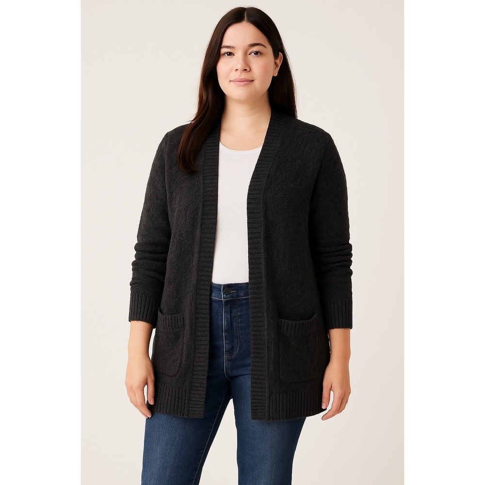 Ann Taylor Loft Dark Gray Small Open Eyelet‎ Cardigan Sweater Pocket Wool Blend